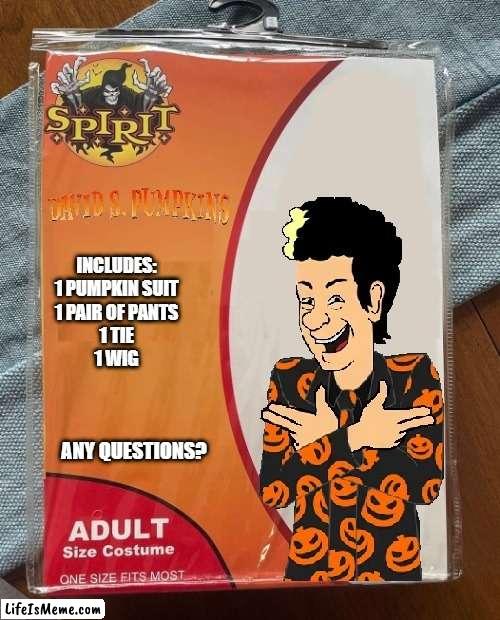 David Pumpkins | INCLUDES:

1 PUMPKIN SUIT
1 PAIR OF PANTS
1 TIE
1 WIG; ANY QUESTIONS? | image tagged in spirit halloween | made w/ Lifeismeme meme maker