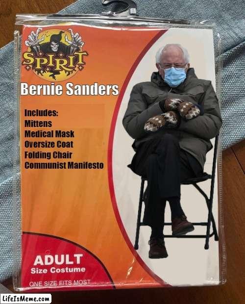 Spirit Halloween - Bernie Sanders | Bernie Sanders; Includes:

Mittens
Medical Mask
Oversize Coat
Folding Chair
Communist Manifesto | image tagged in spirit halloween | made w/ Lifeismeme meme maker