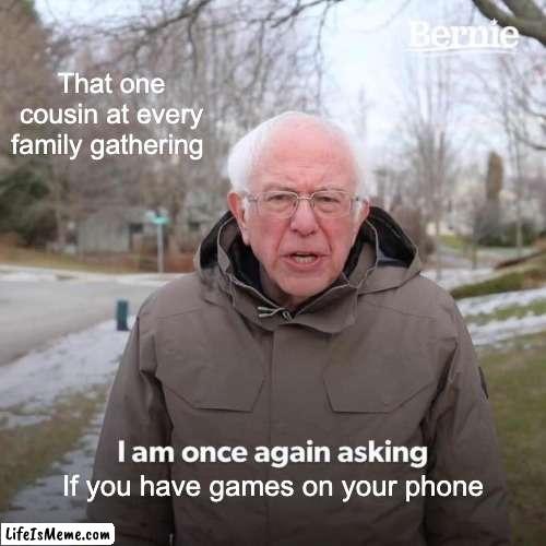 Family gatherings | That one cousin at every family gathering; If you have games on your phone | image tagged in memes,bernie i am once again asking for your support | made w/ Lifeismeme meme maker