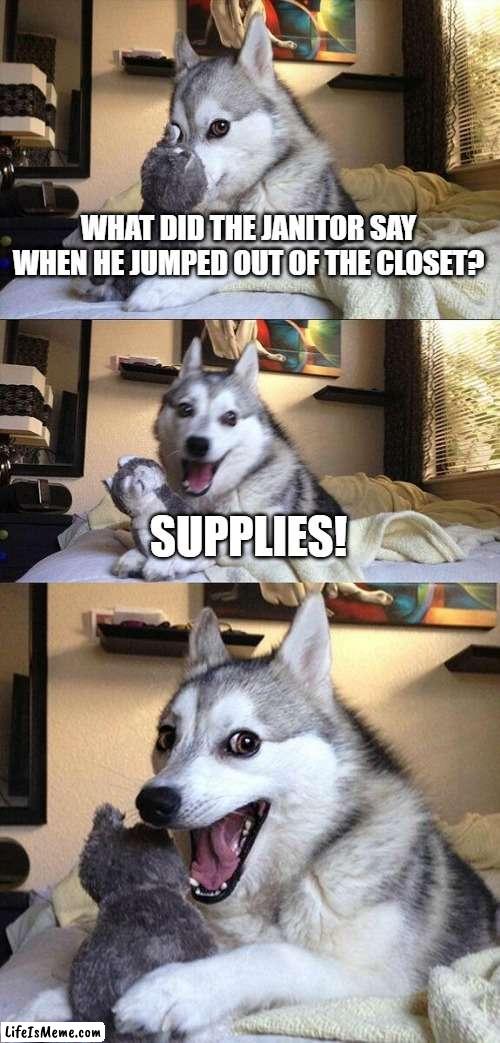 4th joke 'cuz why nnot | WHAT DID THE JANITOR SAY WHEN HE JUMPED OUT OF THE CLOSET? SUPPLIES! | image tagged in memes,bad pun dog,janitor,school,punny,why are you reading the tags | made w/ Lifeismeme meme maker