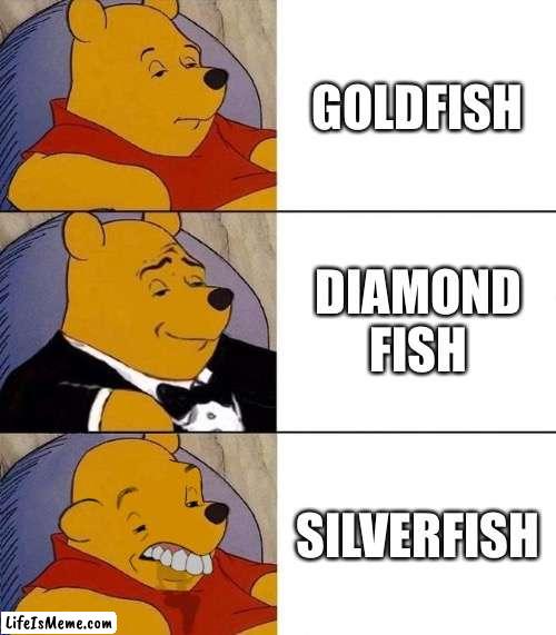 IM A FIIIIIISSSSHHHHHHH | GOLDFISH; DIAMOND FISH; SILVERFISH | image tagged in best better blurst,fish | made w/ Lifeismeme meme maker