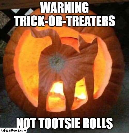 trick-not-treat | WARNING TRICK-OR-TREATERS; NOT TOOTSIE ROLLS | image tagged in halloween | made w/ Lifeismeme meme maker