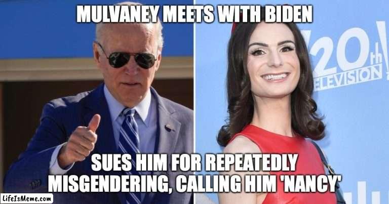 Trans Sues President Biden | MULVANEY MEETS WITH BIDEN; SUES HIM FOR REPEATEDLY MISGENDERING, CALLING HIM 'NANCY' | image tagged in joe biden,transgender | made w/ Lifeismeme meme maker