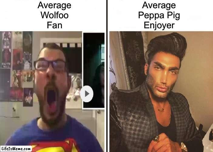 Don’t get me wrong, they're both awful imo, but Peppa Pig is better by a landslide | Average
Wolfoo
Fan; Average
Peppa Pig
Enjoyer | image tagged in average fan vs average enjoyer,peppa pig,average enjoyer meme,chad,memes,funny | made w/ Lifeismeme meme maker