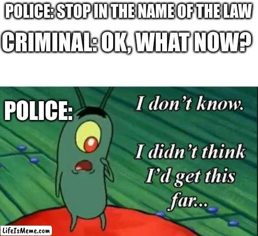 Lifeismeme: input title. Me: (No good ideas) um...AMONG US. | POLICE: STOP IN THE NAME OF THE LAW; CRIMINAL: OK, WHAT NOW? POLICE: | image tagged in blank white template,police,why are you reading the tags,stop reading these tags,plankton | made w/ Lifeismeme meme maker
