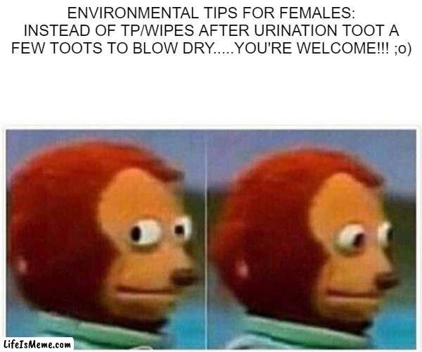 It's for the trees | ENVIRONMENTAL TIPS FOR FEMALES: INSTEAD OF TP/WIPES AFTER URINATION TOOT A FEW TOOTS TO BLOW DRY.....YOU'RE WELCOME!!! ;o) | image tagged in memes,monkey puppet | made w/ Lifeismeme meme maker