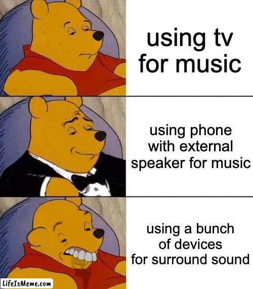music sources | using tv for music; using phone with external speaker for music; using a bunch of devices for surround sound | image tagged in best better blurst | made w/ Lifeismeme meme maker