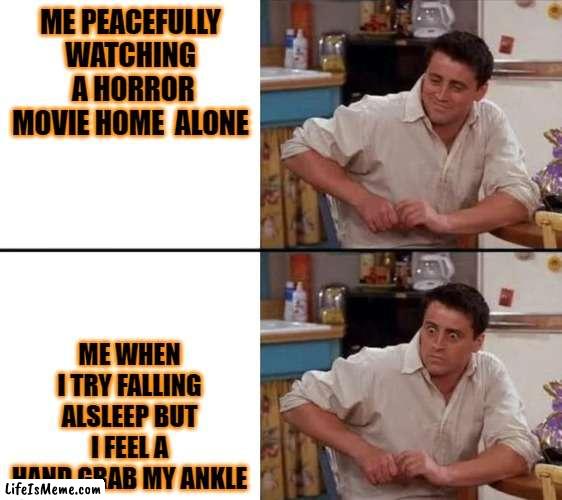 aghhhhhh | ME PEACEFULLY WATCHING  A HORROR MOVIE HOME  ALONE; ME WHEN I TRY FALLING ALSLEEP BUT I FEEL A HAND GRAB MY ANKLE | image tagged in surprised joey | made w/ Lifeismeme meme maker