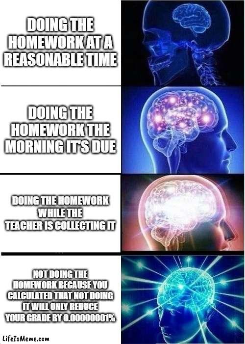 When to do homework | DOING THE HOMEWORK AT A REASONABLE TIME; DOING THE HOMEWORK THE MORNING IT'S DUE; DOING THE HOMEWORK WHILE THE TEACHER IS COLLECTING IT; NOT DOING THE HOMEWORK BECAUSE YOU CALCULATED THAT NOT DOING IT WILL ONLY REDUCE YOUR GRADE BY 0.00000001% | image tagged in memes,expanding brain | made w/ Lifeismeme meme maker