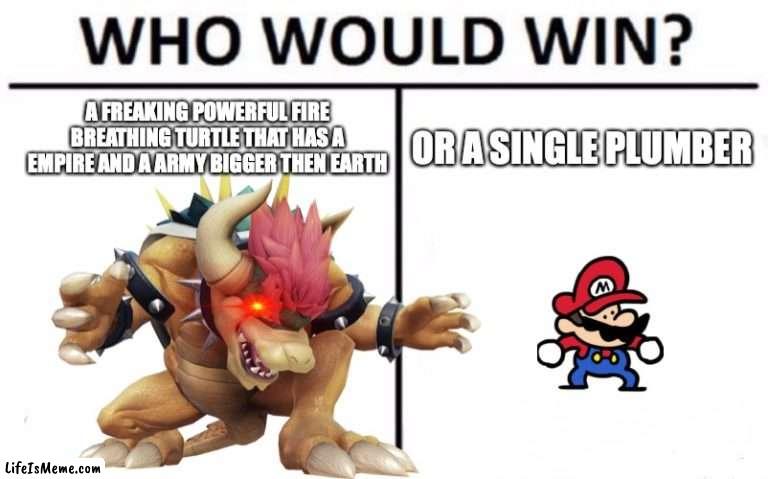 ture | A FREAKING POWERFUL FIRE BREATHING TURTLE THAT HAS A EMPIRE AND A ARMY BIGGER THEN EARTH; OR A SINGLE PLUMBER | image tagged in bowser,mario,lol so funny | made w/ Lifeismeme meme maker