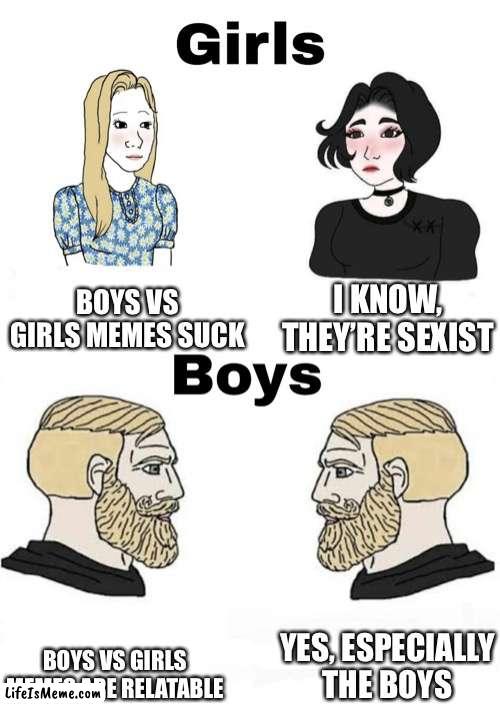 Boys vs girls memes are good, not sexist | BOYS VS GIRLS MEMES SUCK; I KNOW, THEY’RE SEXIST; YES, ESPECIALLY THE BOYS; BOYS VS GIRLS MEMES ARE RELATABLE | image tagged in girls vs boys,memes,boys vs girls | made w/ Lifeismeme meme maker