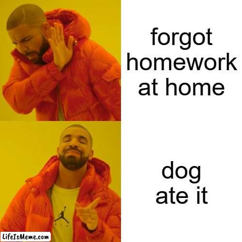 i said this | forgot homework at home; dog ate it | image tagged in memes,drake hotline bling | made w/ Lifeismeme meme maker