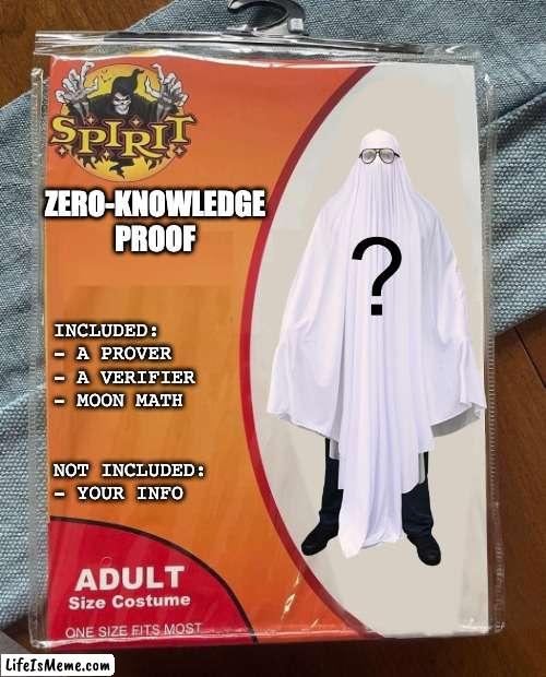 Zero knowledge proof (ZKP) costume for Halloween | ZERO-KNOWLEDGE PROOF; INCLUDED: 
- A PROVER 
- A VERIFIER
- MOON MATH; NOT INCLUDED:
- YOUR INFO | image tagged in spirit halloween,zkp,cryptography | made w/ Lifeismeme meme maker