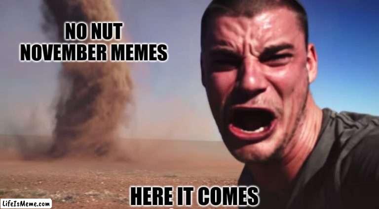 Its coming | NO NUT NOVEMBER MEMES; HERE IT COMES | image tagged in here it comes | made w/ Lifeismeme meme maker