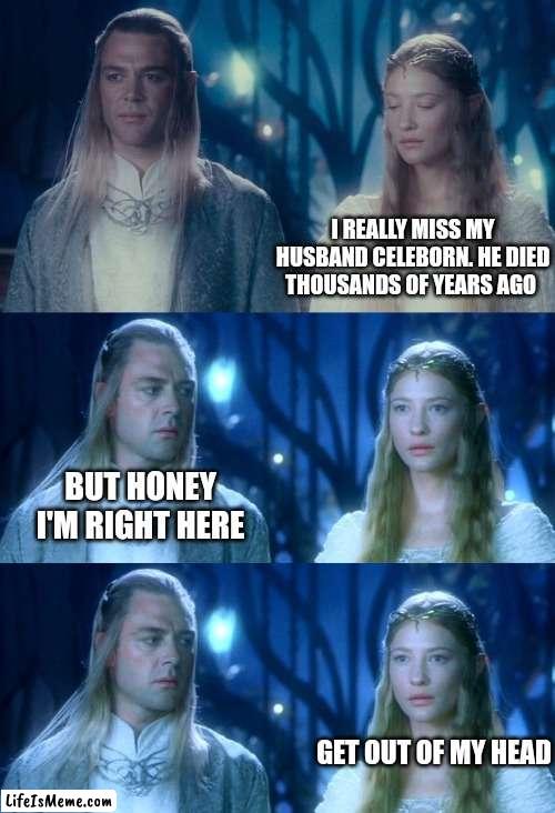 Celeborn and Galadriel, rings of power and lotr  logic | I REALLY MISS MY HUSBAND CELEBORN. HE DIED THOUSANDS OF YEARS AGO; BUT HONEY I'M RIGHT HERE; GET OUT OF MY HEAD | image tagged in lord of the rings,rings of power,galadriel | made w/ Lifeismeme meme maker