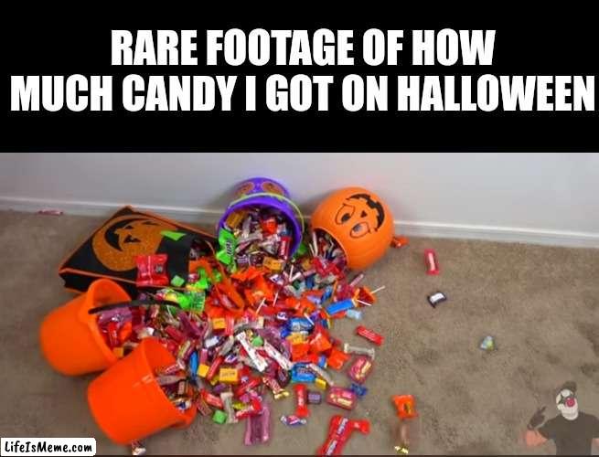 Template by Nextracker (#175) | RARE FOOTAGE OF HOW MUCH CANDY I GOT ON HALLOWEEN | image tagged in halloween,candy,clowns,memes,funny,rare | made w/ Lifeismeme meme maker