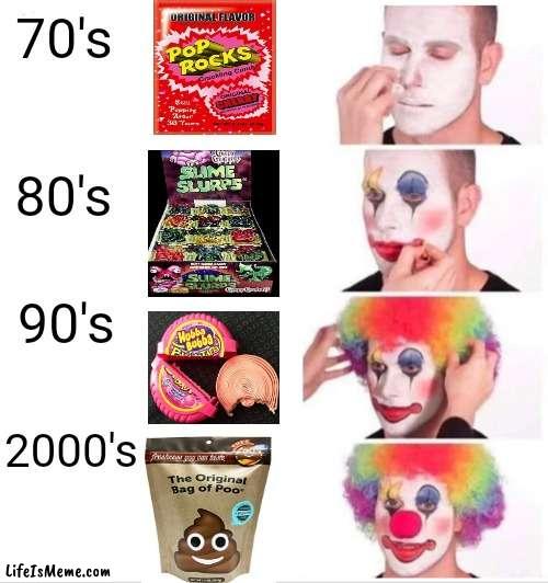 Pour A Little Sugar On It Honey | 70's; 80's; 90's; 2000's | image tagged in memes,clown applying makeup,sugar,sweets,rotten teeth,yum | made w/ Lifeismeme meme maker