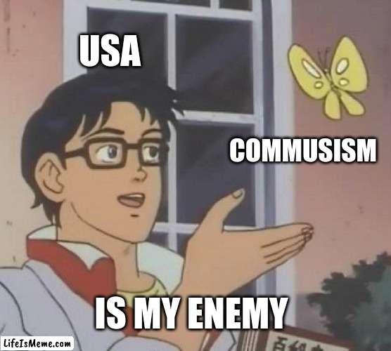 oh look | USA; COMMUSISM; IS MY ENEMY | image tagged in memes,is this a pigeon | made w/ Lifeismeme meme maker