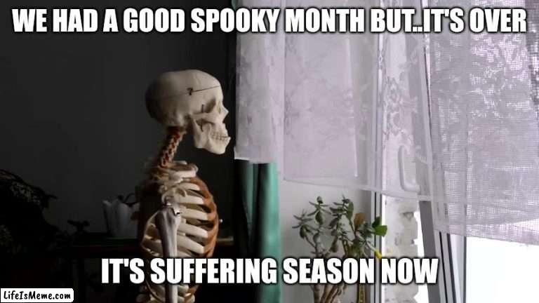 November..the pain before Christmas.. | WE HAD A GOOD SPOOKY MONTH BUT..IT'S OVER; IT'S SUFFERING SEASON NOW | image tagged in sad skeleton | made w/ Lifeismeme meme maker