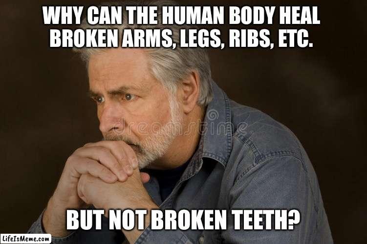 One of lifes great mysteries | WHY CAN THE HUMAN BODY HEAL BROKEN ARMS, LEGS, RIBS, ETC. BUT NOT BROKEN TEETH? | image tagged in deep thought,memes,so true,funny | made w/ Lifeismeme meme maker