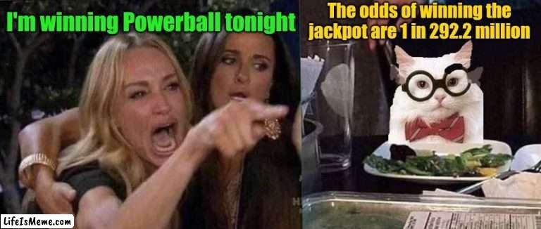 Sucks being a Scientist sometimes | The odds of winning the jackpot are 1 in 292.2 million; I'm winning Powerball tonight | image tagged in woman yelling at cat,chemistry cat,powerball,lottery | made w/ Lifeismeme meme maker