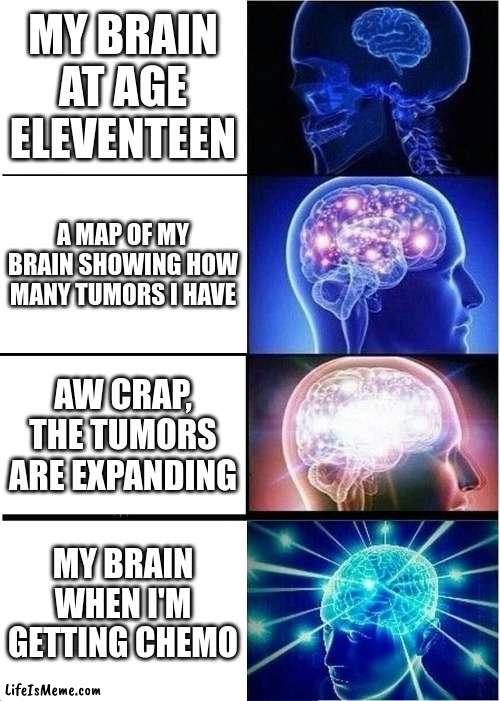 Tumors go BRRRRRRR | MY BRAIN AT AGE ELEVENTEEN; A MAP OF MY BRAIN SHOWING HOW MANY TUMORS I HAVE; AW CRAP, THE TUMORS ARE EXPANDING; MY BRAIN WHEN I'M GETTING CHEMO | image tagged in memes,expanding brain | made w/ Lifeismeme meme maker