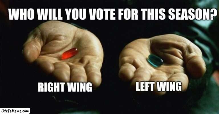 (Neo took the red pill) | WHO WILL YOU VOTE FOR THIS SEASON? RIGHT WING; LEFT WING | image tagged in red pill blue pill | made w/ Lifeismeme meme maker