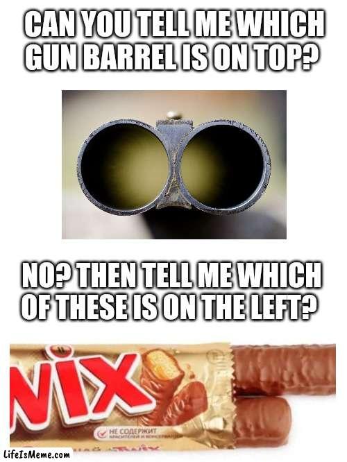 Up, Down, Left, Right | CAN YOU TELL ME WHICH GUN BARREL IS ON TOP? NO? THEN TELL ME WHICH OF THESE IS ON THE LEFT? | image tagged in idiots,stupid sheep | made w/ Lifeismeme meme maker