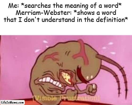 I hate it when it happens | Me: *searches the meaning of a word* 
Merriam-Webster: *shows a word
that I don't understand in the definition* | image tagged in visible frustration,memes,relatable | made w/ Lifeismeme meme maker