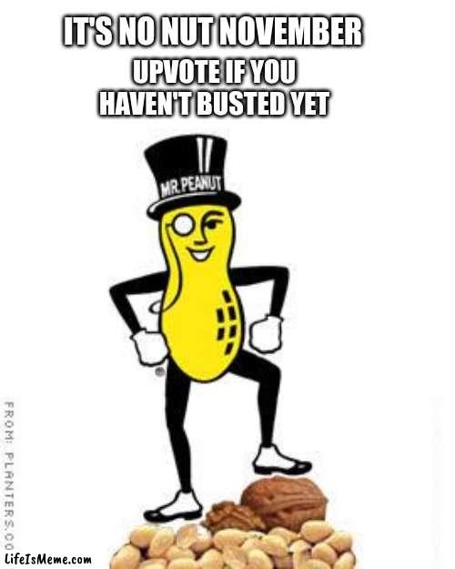 Come on, ya'll... it's No Nut November! | IT'S NO NUT NOVEMBER; UPVOTE IF YOU HAVEN'T BUSTED YET | image tagged in mr peanut,no nut november | made w/ Lifeismeme meme maker