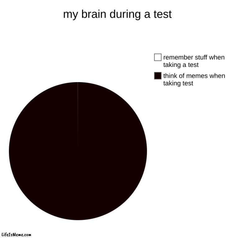 its either memes,songs or u-tube vids- | my brain during a test | think of memes when taking test, remember stuff when taking a test | image tagged in charts,pie charts | made w/ Lifeismeme chart maker