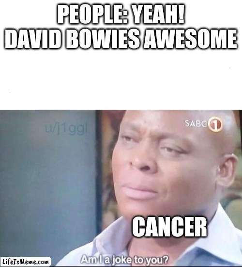 how he died | PEOPLE: YEAH! DAVID BOWIES AWESOME; CANCER | image tagged in am i a joke to you,cancer,funny,david bowie | made w/ Lifeismeme meme maker