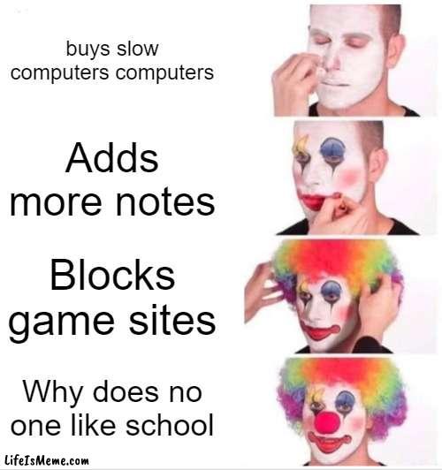 High Schools | buys slow computers computers; Adds more notes; Blocks game sites; Why does no one like school | image tagged in memes,clown applying makeup | made w/ Lifeismeme meme maker