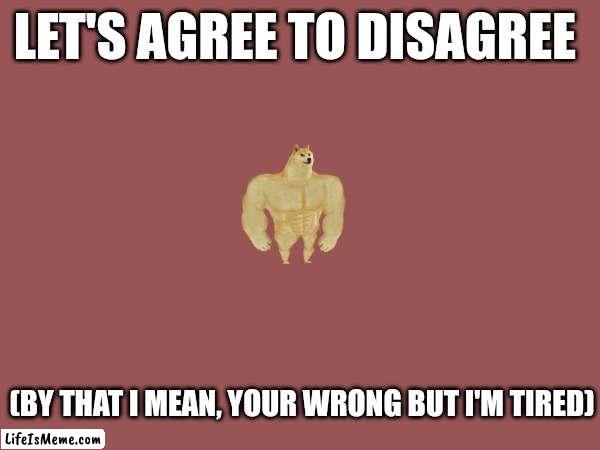 Me in all online arguments | LET'S AGREE TO DISAGREE; (BY THAT I MEAN, YOUR WRONG BUT I'M TIRED) | image tagged in blank white template,doge | made w/ Lifeismeme meme maker