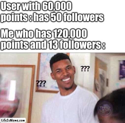 This is not begging, I am just very confused | User with 60,000 points : has 50 followers; Me who has 120,000 points and 13 followers : | image tagged in black guy confused,relatable,imgflip users,followers | made w/ Lifeismeme meme maker