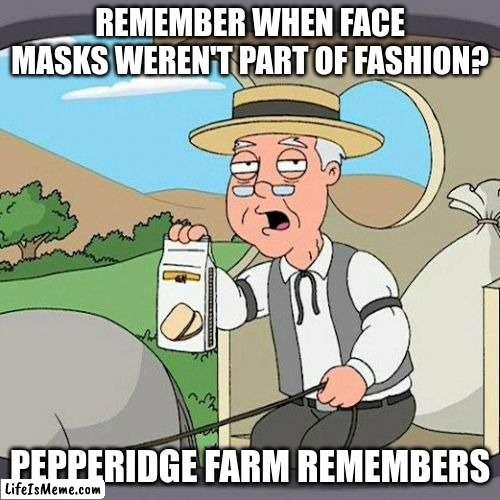 Y'all don't remember? (Revised) | REMEMBER WHEN FACE MASKS WEREN'T PART OF FASHION? PEPPERIDGE FARM REMEMBERS | image tagged in memes,pepperidge farm remembers | made w/ Lifeismeme meme maker