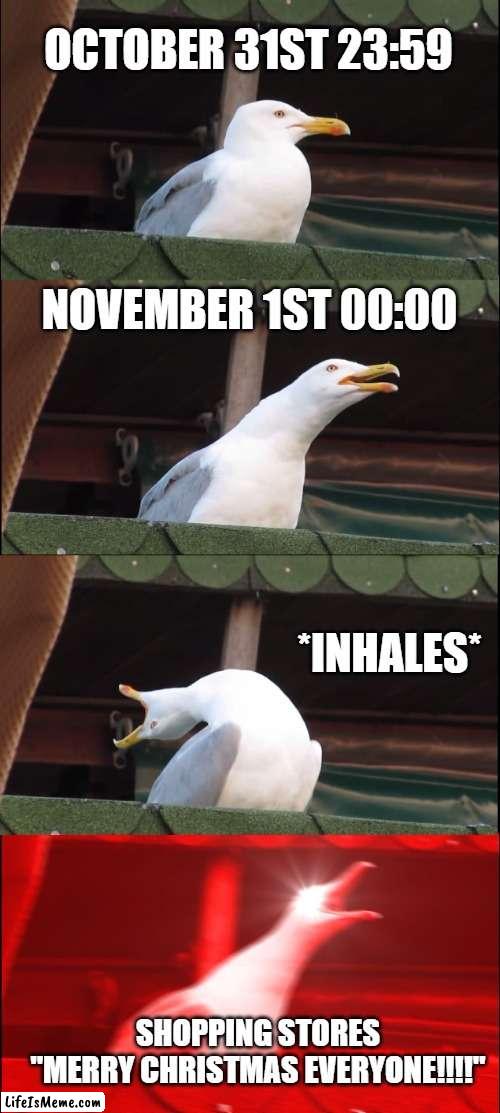 Christmas every year | OCTOBER 31ST 23:59; NOVEMBER 1ST 00:00; *INHALES*; SHOPPING STORES        "MERRY CHRISTMAS EVERYONE!!!!" | image tagged in memes,inhaling seagull | made w/ Lifeismeme meme maker