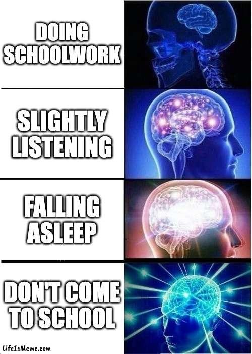 What to do at school | DOING SCHOOLWORK; SLIGHTLY LISTENING; FALLING ASLEEP; DON'T COME TO SCHOOL | image tagged in memes,expanding brain | made w/ Lifeismeme meme maker