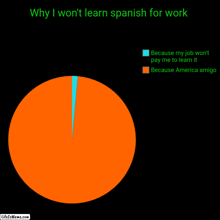 America | Why I won't learn spanish for work | Because America amigo, Because my job won't pay me to learn it | image tagged in charts,pie charts,work sucks | made w/ Lifeismeme chart maker