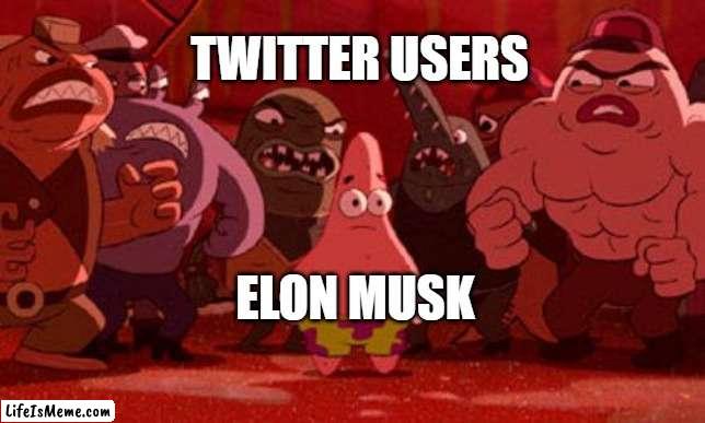 Twitter users crowd Elon Musk | TWITTER USERS; ELON MUSK | image tagged in patrick star crowded | made w/ Lifeismeme meme maker