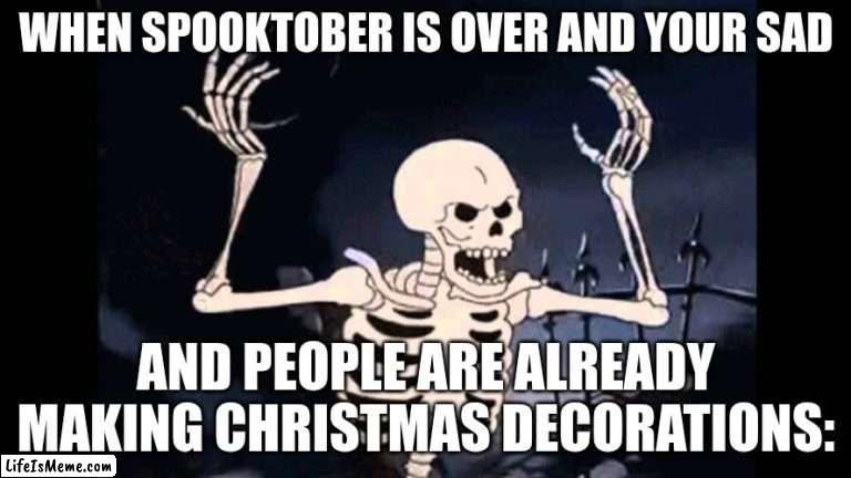 imbeciles. | WHEN SPOOKTOBER IS OVER AND YOUR SAD; AND PEOPLE ARE ALREADY MAKING CHRISTMAS DECORATIONS: | image tagged in spooky skeleton,funny,memes,fun | made w/ Lifeismeme meme maker