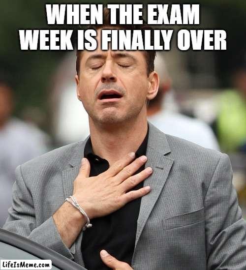 relieved rdj | WHEN THE EXAM WEEK IS FINALLY OVER | image tagged in relieved rdj,memes | made w/ Lifeismeme meme maker