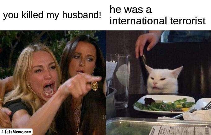 the one girl | you killed my husband! he was a international terrorist | image tagged in memes,woman yelling at cat | made w/ Lifeismeme meme maker