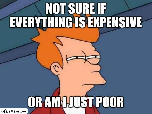 Is everything expensive or am I just poor | NOT SURE IF EVERYTHING IS EXPENSIVE; OR AM I JUST POOR | image tagged in memes,futurama fry | made w/ Lifeismeme meme maker