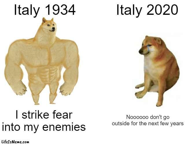 what happen to Italy | Italy 1934; Italy 2020; I strike fear into my enemies; Noooooo don't go outside for the next few years | image tagged in memes,buff doge vs cheems,battlefield 2 | made w/ Lifeismeme meme maker