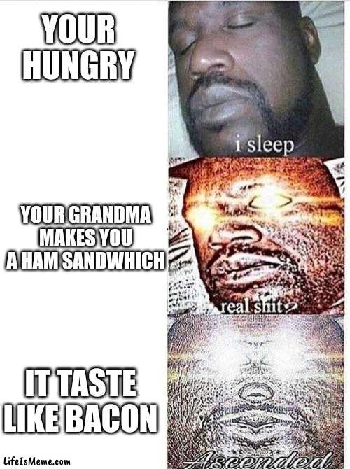 A gift from the heavens and Grandma | YOUR HUNGRY; YOUR GRANDMA MAKES YOU A HAM SANDWHICH; IT TASTE LIKE BACON | image tagged in i sleep meme with ascended template,memes,funny,grandma,i sleep | made w/ Lifeismeme meme maker