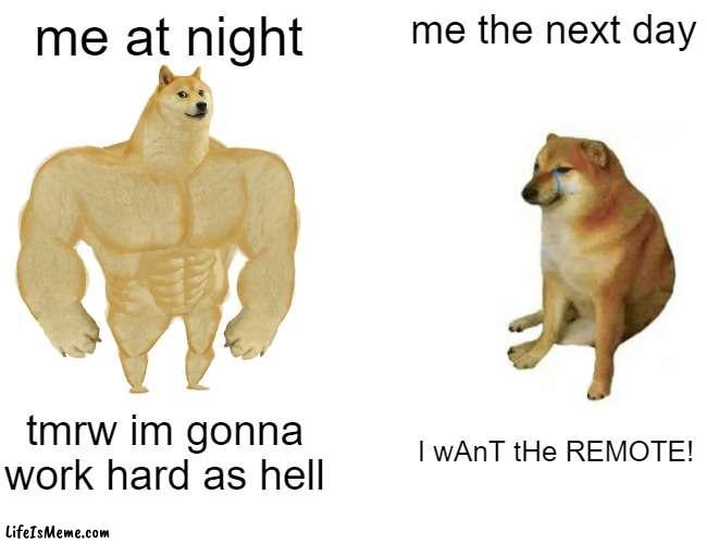 Late Night Motivation | me at night; me the next day; tmrw im gonna work hard as hell; I wAnT tHe REMOTE! | image tagged in memes,buff doge vs cheems | made w/ Lifeismeme meme maker