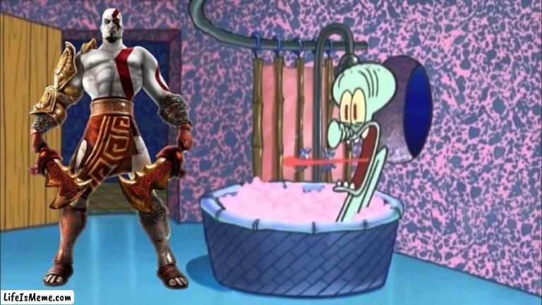 Kratos Drops By Squidward's House | image tagged in who dropped by squidward's house,kratos,god of war,spongebob,squidward,x drops by squidward's house | made w/ Lifeismeme meme maker