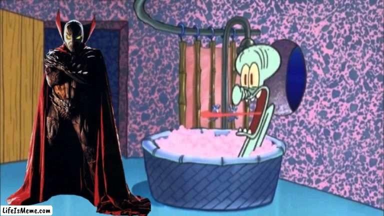 Spawn Drops By Squidward's House | image tagged in who dropped by squidward's house,spawn,spongebob,squidward,spongebob squarepants,x drops by squidward's house | made w/ Lifeismeme meme maker