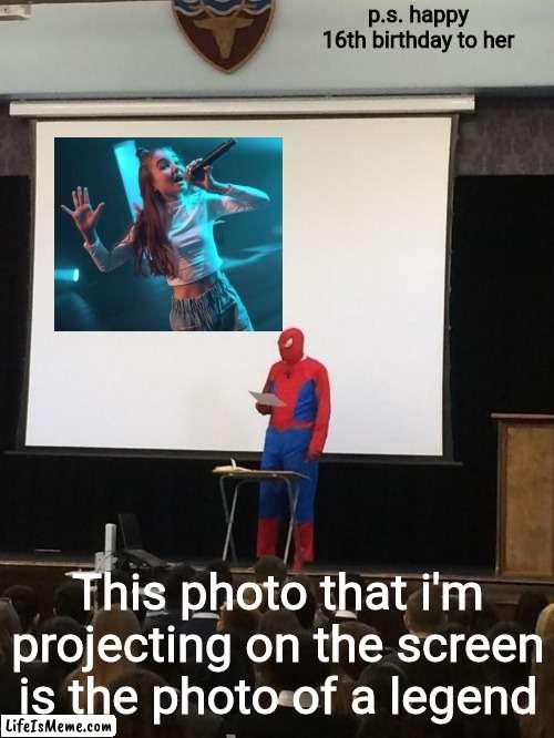 Happy Birthday to this French Legend that helped France get it's best performance at Junior Eurovision in 2018 (until 2020) | p.s. happy 16th birthday to her; This photo that i'm projecting on the screen is the photo of a legend | image tagged in spiderman presentation,memes,french,angelina,singer | made w/ Lifeismeme meme maker